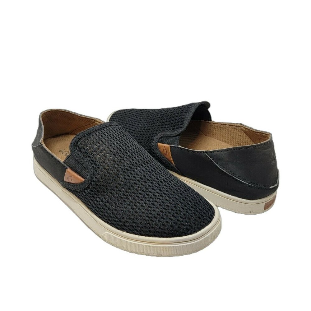 OLUKAI Women Pehuea Black Mesh Leather Slip On Comfort Shoes Size 6W Non Marking